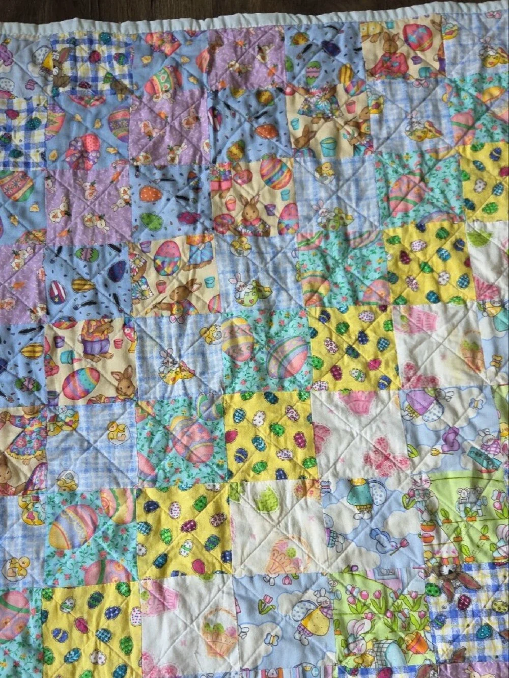 Handmade Pastel Patchwork  Baby Quilt Easter  Bunny Yellow Purple Blue